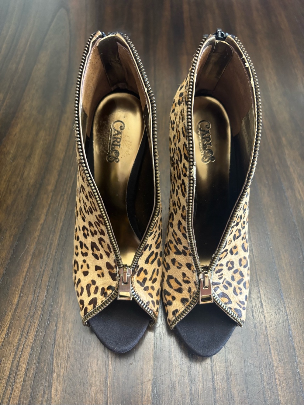 Carlos Santana Leopard Calf Hair Peep Toe Zip Stiletto Booties Sz 8.5